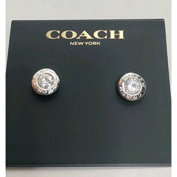 Coach Crystal Silver Tone Round Stud Button Earrings - Picture 1 of 5
